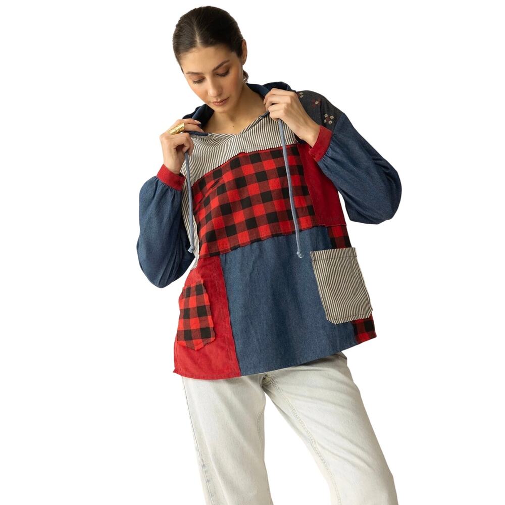 NWT Boutique Boho The Americana Patchwork Hoodie in Cherry Denim